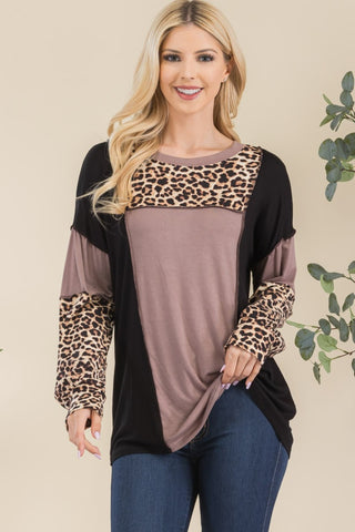 Shop Mocha Leopard Celeste Full Size Leopard Color Block Exposed Seam T-Shirt - High-Quality U.S. Made Women’s Fashion with Free & Fast Shipping