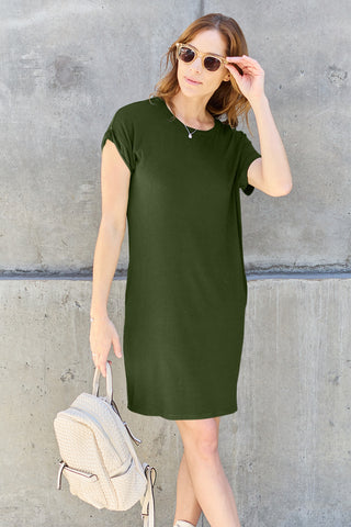 Shop Matcha Green Basic Bae Full Size Round Neck Short Sleeve Dress with Pockets - High-Quality U.S. Made Women’s Fashion with Free & Fast Shipping