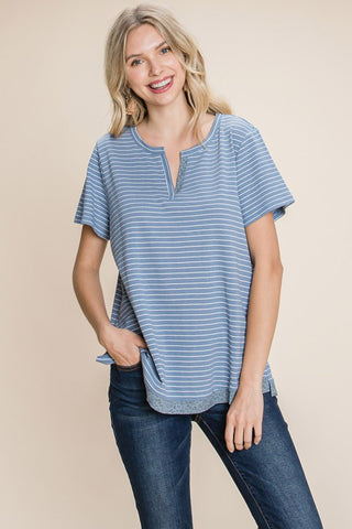 Shop Denim Cotton Bleu by Nu Lab Slit Striped Notched Short Sleeve T-Shirt - High-Quality U.S. Made Women’s Fashion with Free & Fast Shipping