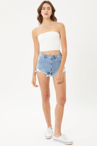 Shop LTBLUE Love Tree Raw Hem Cat's Whisker Denim Shorts - High-Quality U.S. Made Women’s Fashion with Free & Fast Shipping