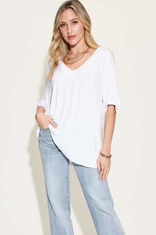 Shop Basic Bae Full Size Bamboo V-Neck Drop Shoulder T-Shirt - High-Quality U.S. Made Women’s Fashion with Free Fast Shipping