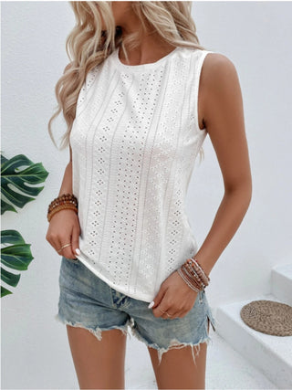 Shop Eyelet Round Neck Tank - High-Quality U.S. Made Women’s Fashion with Free & Fast Shipping