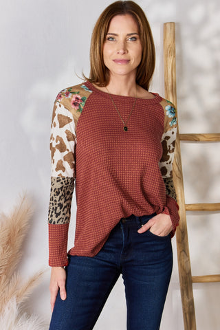 Shop Hailey & Co Full Size Leopard Waffle-Knit Blouse - High-Quality U.S. Made Women’s Fashion with Free & Fast Shipping