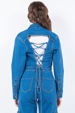 Shop American Bazi Laced Back Cropped Denim Jacket - High-Quality U.S. Made Women’s Fashion with Free & Fast Shipping