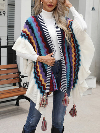 Shop Striped Open Front Poncho with Tassels - High-Quality U.S. Made Women’s Fashion with Free & Fast Shipping