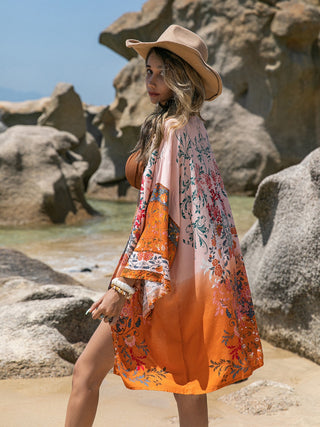 Shop Orange Printed Open Front Long Sleeve Cover-Up - High-Quality U.S. Made Women’s Fashion with Free & Fast Shipping