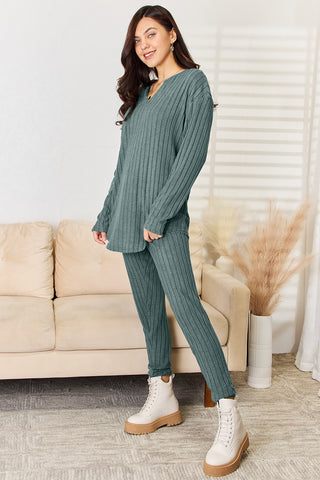 Shop Basic Bae Full Size Notched Long Sleeve Top and Pants Set - High-Quality U.S. Made Women’s Fashion with Free Fast Shipping