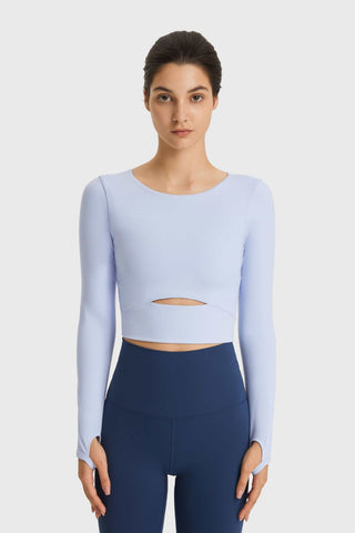 Shop Sky Blue Millennia Cutout Long Sleeve Cropped Sports Top - High-Quality U.S. Made Women’s Fashion with Free & Fast Shipping