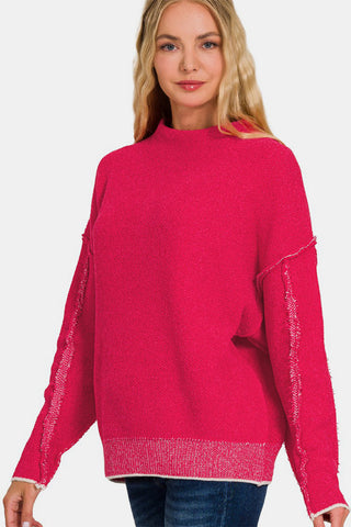 Shop Viva Magenta Zenana Exposed Seam Mock Neck Long Sleeve Sweater - High-Quality U.S. Made Women’s Fashion with Free & Fast Shipping