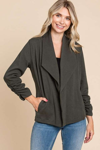 Shop Culture Code Full Size Ruched Open Front Long Sleeve Jacket - High-Quality U.S. Made Women’s Fashion with Free & Fast Shipping