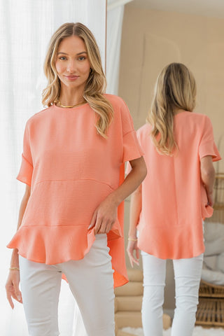 Shop Coral Sew In Love Round Neck Ruffled Top - High-Quality U.S. Made Women’s Fashion with Free & Fast Shipping