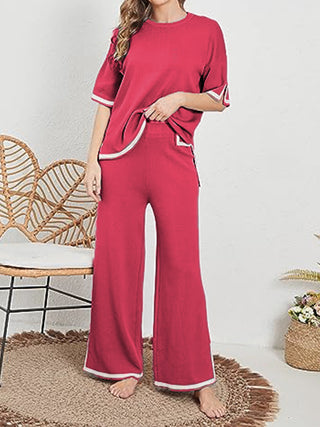 Shop Contrast High-Low Sweater and Knit Pants Set - High-Quality U.S. Made Women’s Fashion with Free Fast Shipping