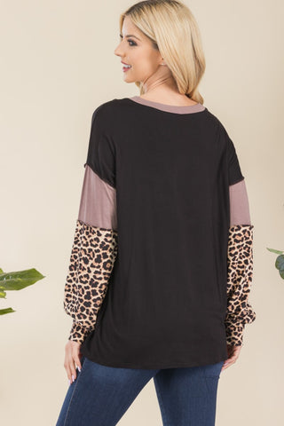 Shop Celeste Full Size Leopard Color Block Exposed Seam T-Shirt - High-Quality U.S. Made Women’s Fashion with Free & Fast Shipping