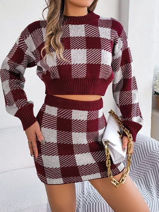 Shop Burgundy Plaid Round Neck Top and Skirt Sweater Set - High-Quality U.S. Made Women’s Fashion with Free & Fast Shipping