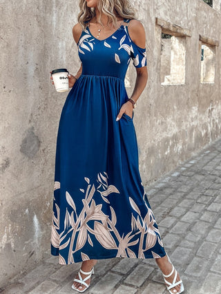 Shop Printed Cold Shoulder Short Sleeve Maxi Dress - High-Quality U.S. Made Women’s Fashion with Free & Fast Shipping