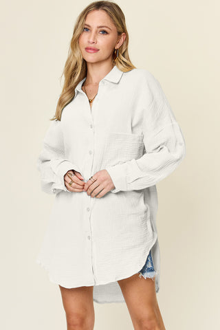 Shop White Double Take Full Size Pocketed Texture Button Up Shirt - High-Quality U.S. Made Women’s Fashion with Free & Fast Shipping