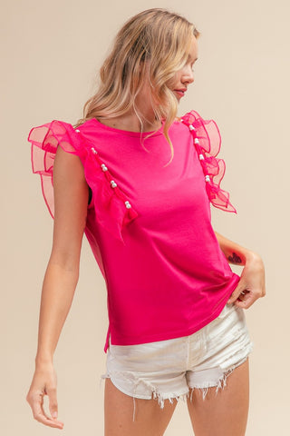 Shop BiBi Pearl Decor Mesh Ruffle Sleeve Top - High-Quality U.S. Made Women’s Fashion with Free & Fast Shipping