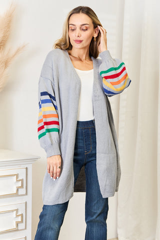 Shop Light Gray Multicolored Stripe Open Front Longline Cardigan - High-Quality U.S. Made Women’s Fashion with Free & Fast Shipping