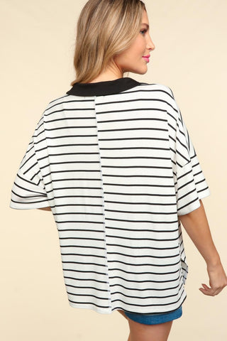 Shop Haptics Full Size Striped Dropped Shoulder Half Sleeve T-Shirt - High-Quality U.S. Made Women’s Fashion with Free & Fast Shipping