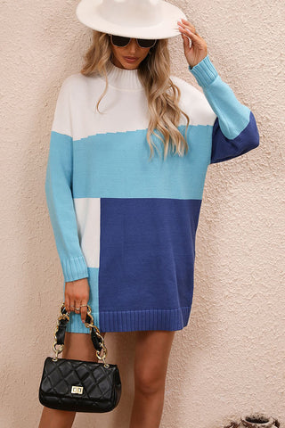 Shop Color Block Mock Neck Dropped Shoulder Sweater Dress - High-Quality U.S. Made Women’s Fashion with Free Fast Shipping