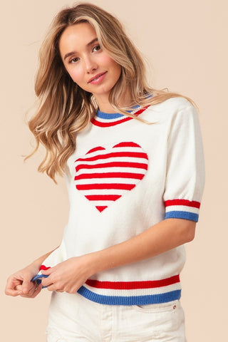 Shop BiBi US Flag Theme Striped Heart Sweater - High-Quality U.S. Made Women’s Fashion with Free & Fast Shipping