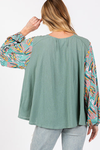 Shop SAGE + FIG Ruched Round Neck Printed Bubble Sleeve Top - High-Quality U.S. Made Women’s Fashion with Free & Fast Shipping