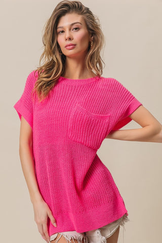 Shop Fuchsia BiBi Patch Pocket Short Sleeve Sweater - High-Quality U.S. Made Women’s Fashion with Free & Fast Shipping