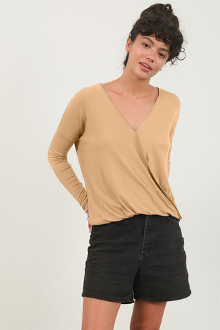 Shop Taupe HYFVE Draped Drop Shoulder Long Sleeve Top - High-Quality U.S. Made Women’s Fashion with Free & Fast Shipping