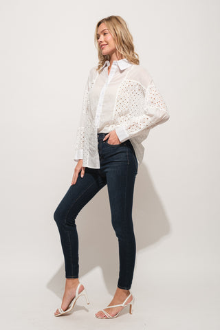 Shop And The Why Eyelet Long Sleeve Button Down Shirt - High-Quality U.S. Made Women’s Fashion with Free & Fast Shipping