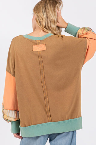 Shop SAGE + FIG Mineral Wash Raw Edge Color Block Sweatshirt - High-Quality U.S. Made Women’s Fashion with Free & Fast Shipping