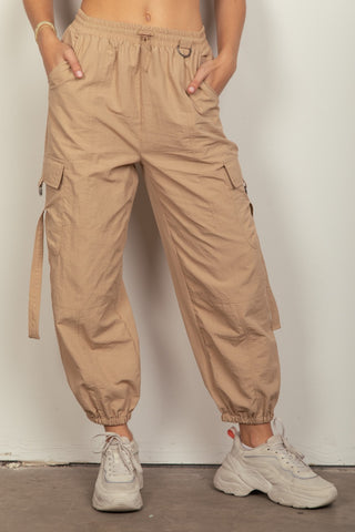 Shop Taupe VERY J Elastic Waist Woven Cargo Pants - High-Quality U.S. Made Women’s Fashion with Free & Fast Shipping