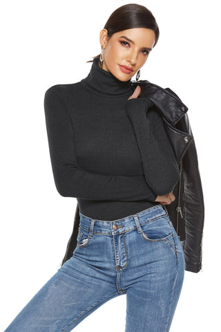 Shop Black Ribbed Turtleneck Long Sleeve Bodysuit - High-Quality U.S. Made Women’s Fashion with Free & Fast Shipping