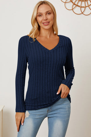 Shop Dark Blue Basic Bae Full Size Ribbed V-Neck Long Sleeve T-Shirt - High-Quality U.S. Made Women’s Fashion with Free & Fast Shipping