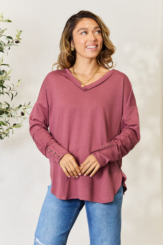 Shop Culture Code Full Size V-Neck Exposed Seam Long Sleeve Blouse - High-Quality U.S. Made Women’s Fashion with Free & Fast Shipping