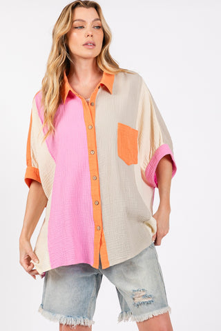 Shop SAGE + FIG Full Size Color Block Button-Down Shirt - High-Quality U.S. Made Women’s Fashion with Free & Fast Shipping