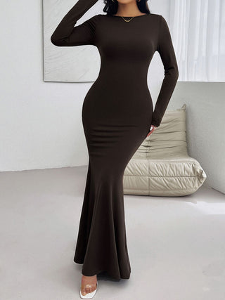 Shop Devine Backless Round Neck Long Sleeve Maxi Dress - High-Quality U.S. Made Women’s Fashion with Free Fast Shipping