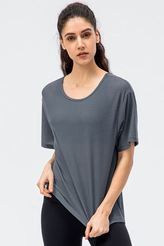 Shop Dark Gray Round Neck Short Sleeve Active Tee - High-Quality U.S. Made Women’s Fashion with Free & Fast Shipping