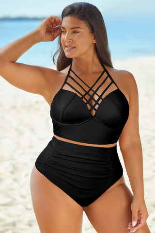 Shop Full Size Halter Neck Crisscross Ruched Two-Piece Swimsuit - High-Quality U.S. Made Women’s Fashion with Free Fast Shipping