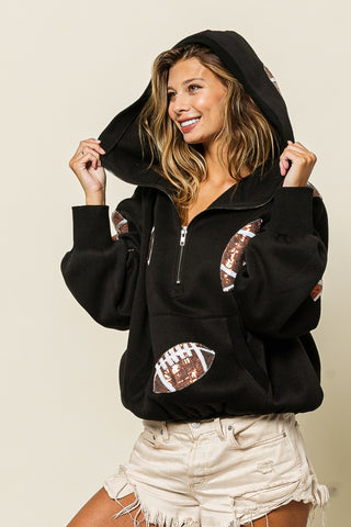 Shop BiBi Sequin Football Half Zip Hoodie - High-Quality U.S. Made Women’s Fashion with Free & Fast Shipping