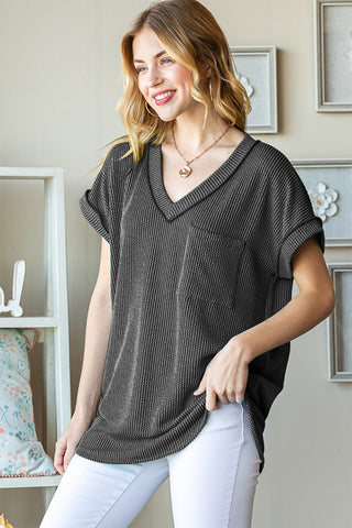 Shop Heimish Full Size Front Pocket Short Sleeve Ribbed Top - High-Quality U.S. Made Women’s Fashion with Free & Fast Shipping