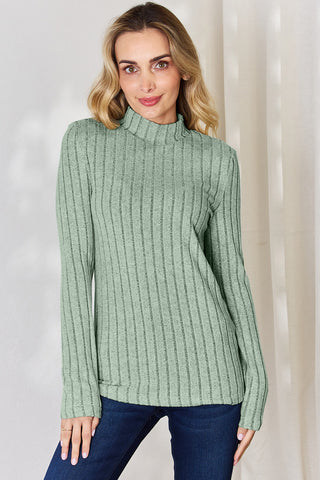 Shop Light Green Basic Bae Full Size Ribbed Mock Neck Long Sleeve T-Shirt - High-Quality U.S. Made Women’s Fashion with Free & Fast Shipping