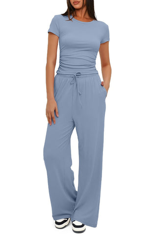 Shop Dusty Blue Round Neck Short Sleeve Top and Pants Set - High-Quality U.S. Made Women’s Fashion with Free & Fast Shipping