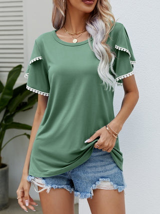 Shop Gum Leaf Pom-Pom Trim Flutter Sleeve Round Neck T-Shirt - High-Quality U.S. Made Women’s Fashion with Free & Fast Shipping