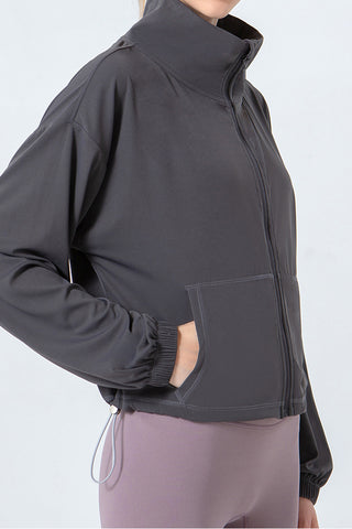 Shop Drawstring Zip Up Dropped Shoulder Active Outerwear - High-Quality U.S. Made Women’s Fashion with Free & Fast Shipping