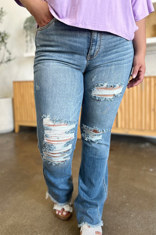 Shop Medium Judy Blue Full Size Distressed Raw Hem Bootcut Jeans - High-Quality U.S. Made Women’s Fashion with Free & Fast Shipping