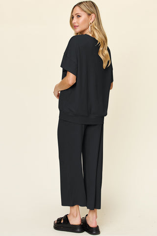 Shop Double Take Full Size Texture Round Neck Short Sleeve T-Shirt and Wide Leg Pants - High-Quality U.S. Made Women’s Fashion with Free Fast Shipping