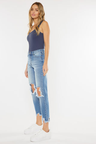 Shop Kancan High Waist Chewed Up Straight Mom Jeans - High-Quality U.S. Made Women’s Fashion with Free & Fast Shipping