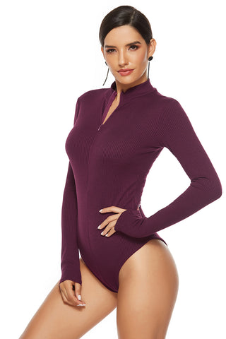 Shop Full Size Ribbed Half Zip Long Sleeve Bodysuit - High-Quality U.S. Made Women’s Fashion with Free & Fast Shipping