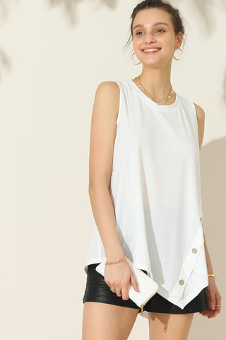 Shop White Ninexis Round Neck Button Side Tank - High-Quality U.S. Made Women’s Fashion with Free & Fast Shipping