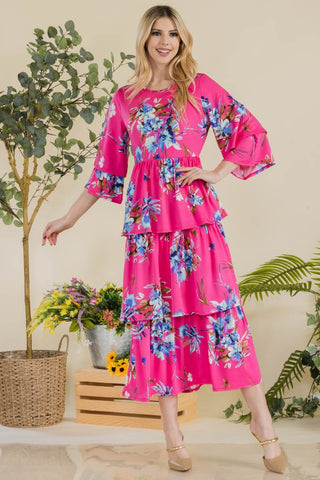 Shop Celeste Full Size Floral Ruffle Tiered Midi Dress - High-Quality U.S. Made Women’s Fashion with Free & Fast Shipping